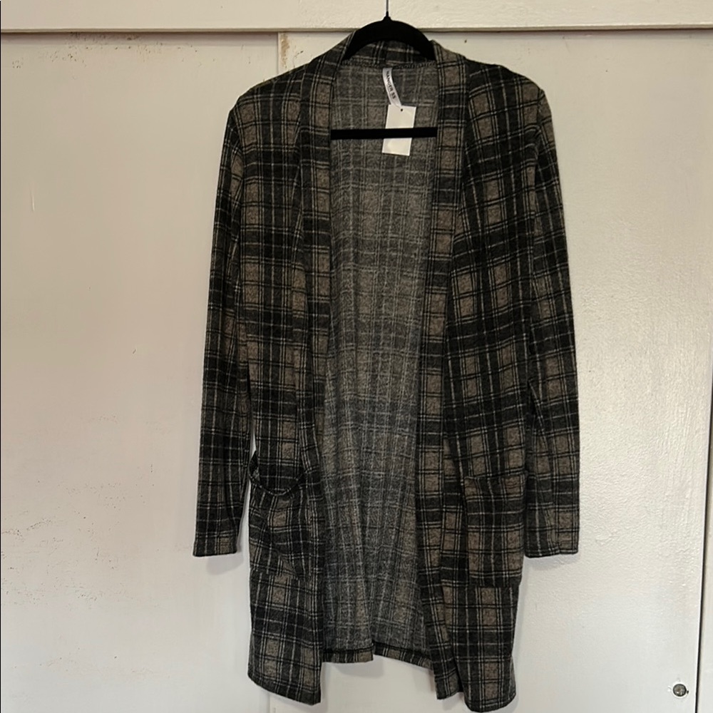 HANGER 55 Black and Gray Open-Front Cardigan Sweater size x medium nwt